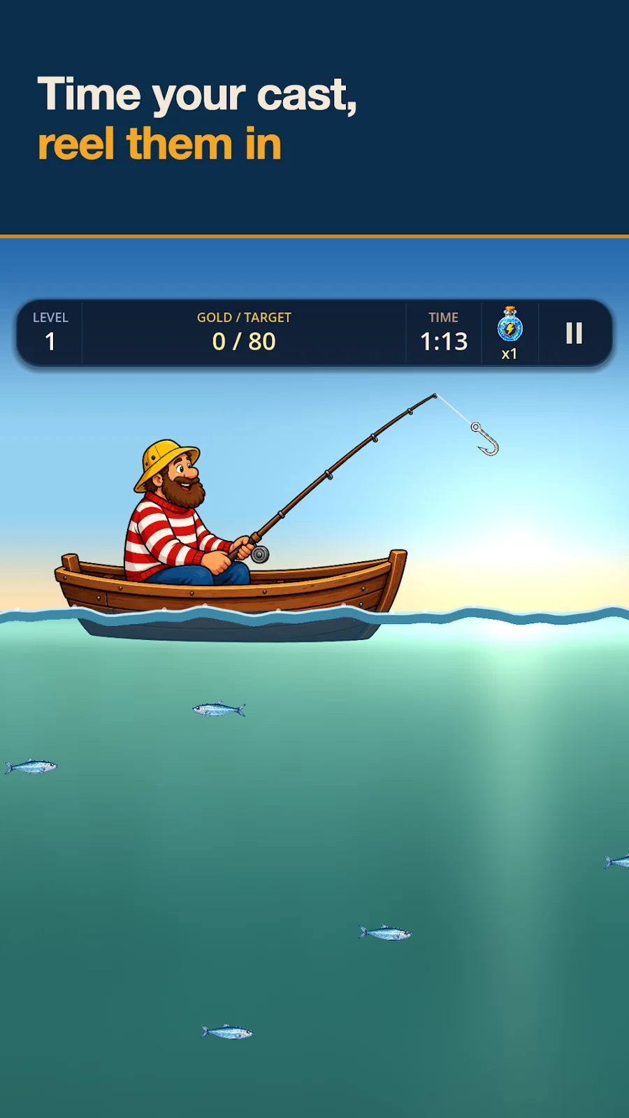 Fishman screenshot showing a fisherman, a swinging hook, fish and a level timer